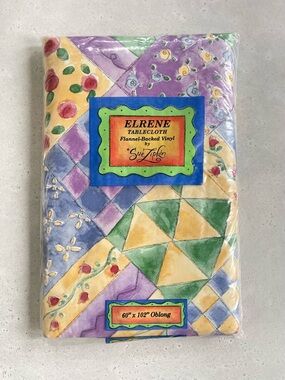 Vintage New Elrene Tablecloth Sue Zipkin Sweet Shoppe Vinyl Oblong Flannel Back
